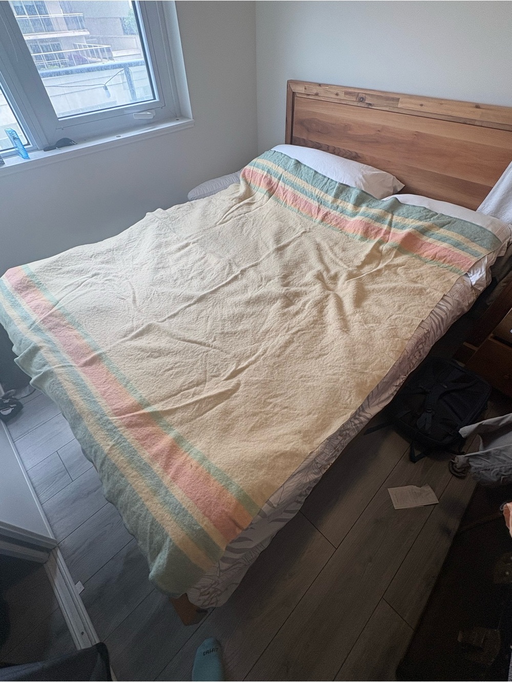 Vintage Moss field Pastel Stripe wool Bed Blanket -Cream,Pink & Green size Full